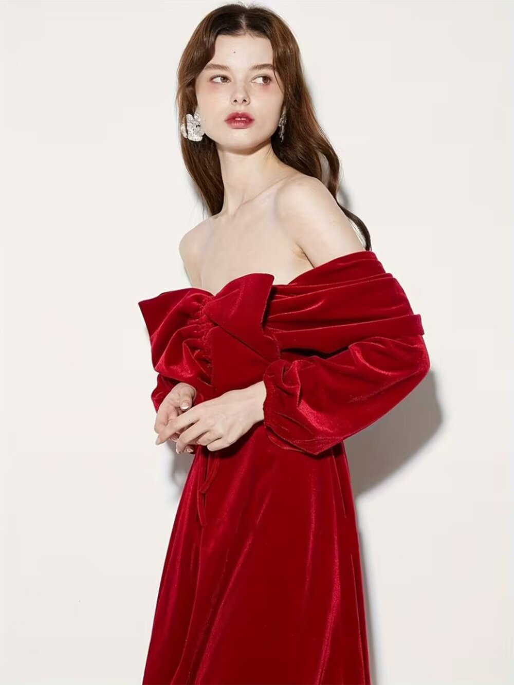 Off-Shoulder Red Velvety Bow Dress TEMPORARILY UNAVAILABLE DO NOT PURCHASE - Picture 3 of 5